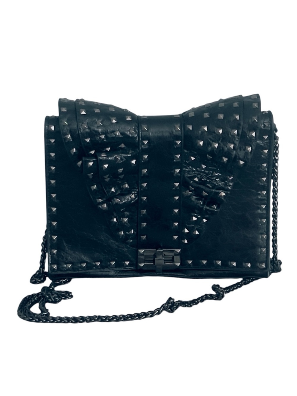 INZI Patent Leather Studded Ruffle Bow Chain Strap Crossbody Shoulder Bag Black